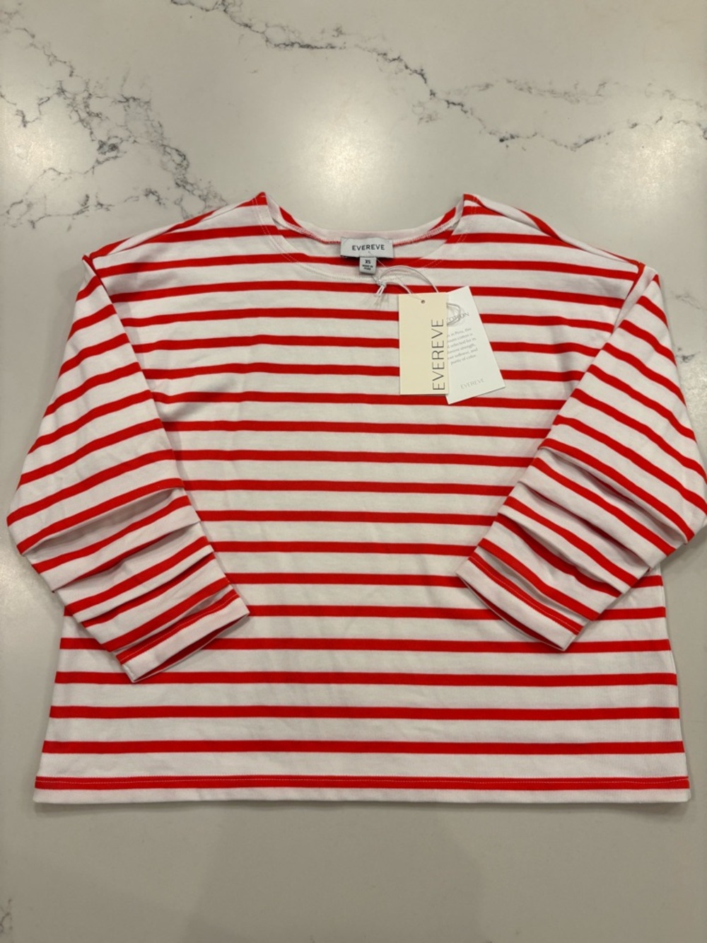 NWT Evereve Red & Ivory Striped Shirred Quarter Sleeve Tee 100% Pima Cotton